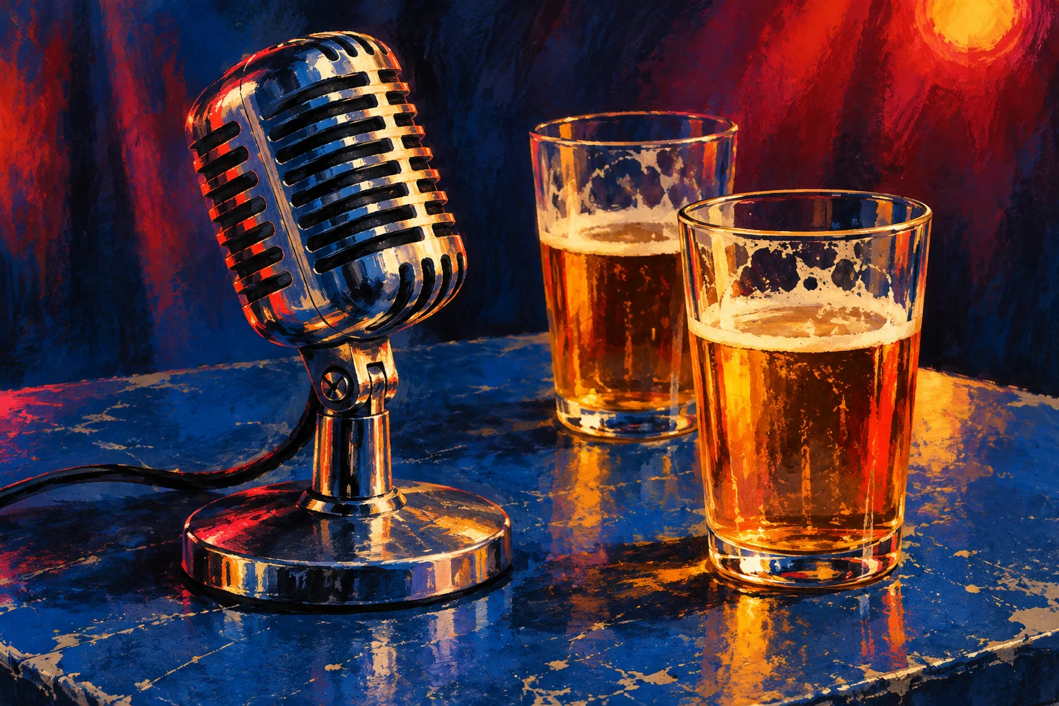 Illustration of a vintage microphone and two glasses of beer in warm stage light